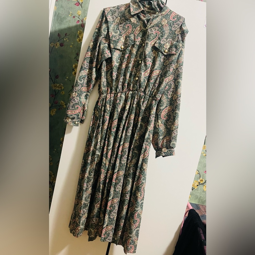 Green, pink, and grey dress